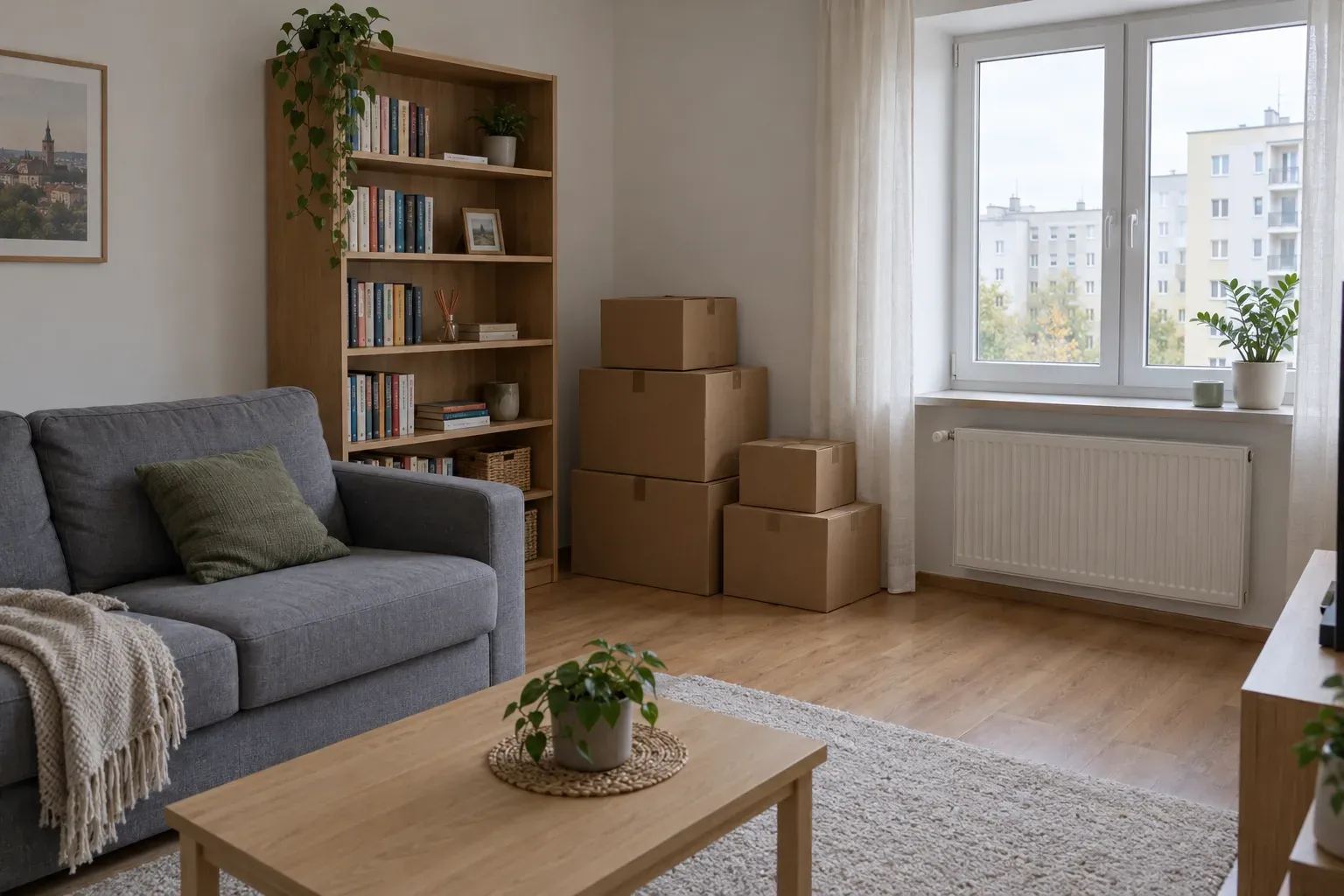 Salon po przeprowadzce: sofa, regał i pudła przy ścianie