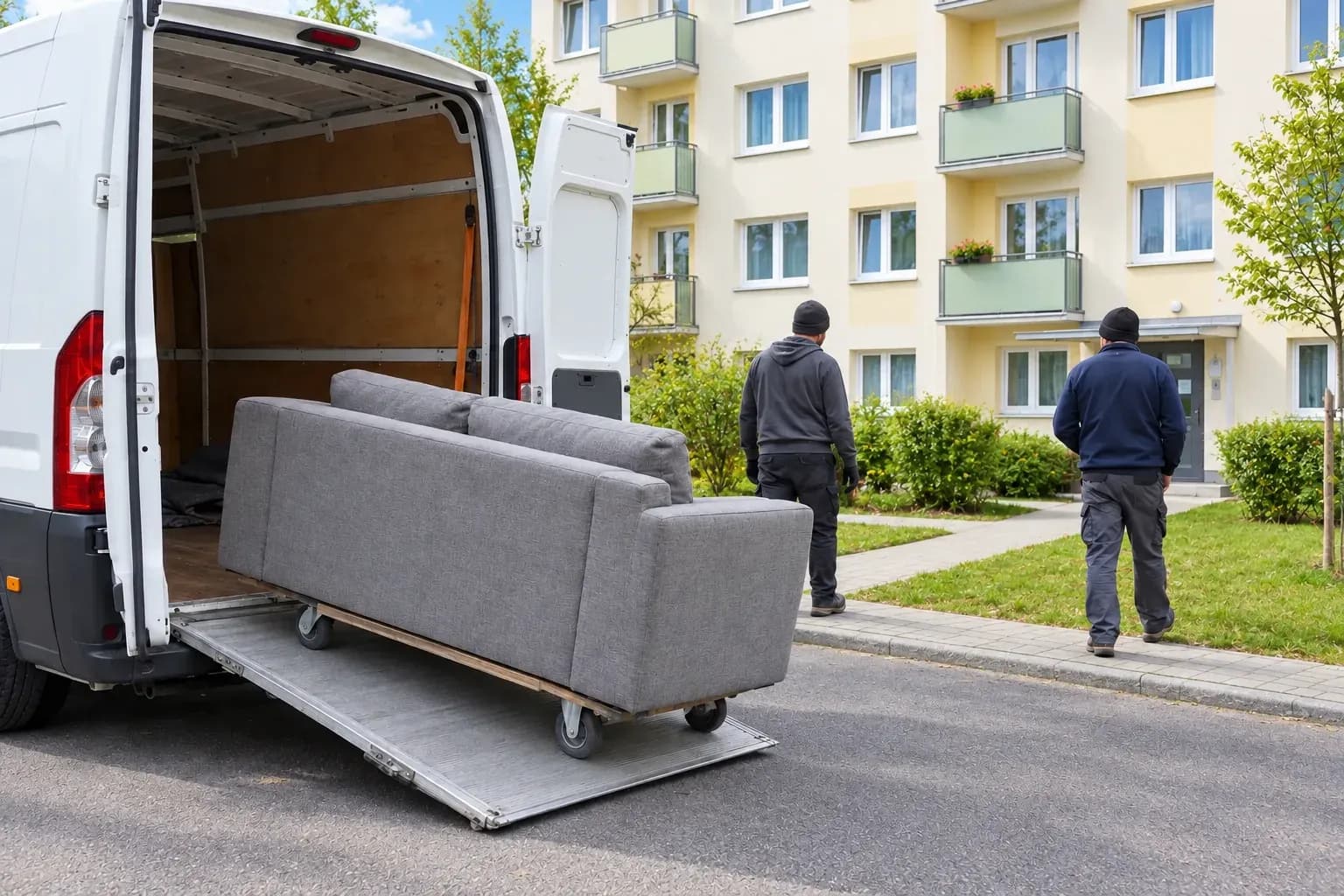 Sofa na wózku przy rampie dostawczego samochodu