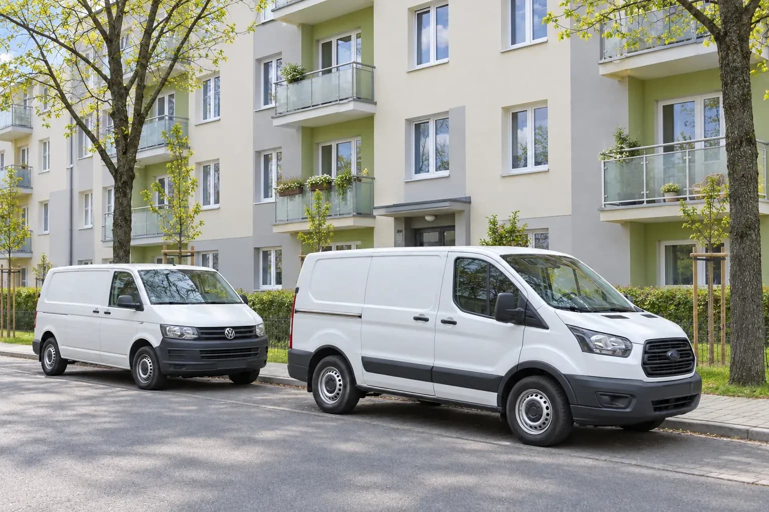Dwa białe dostawcze samochody zaparkowane przy bloku z jasną elewacją