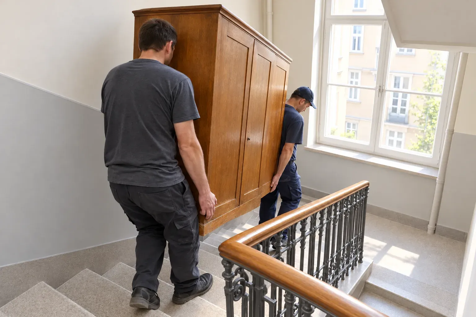 Dwaj mężczyźni wnoszą drewnianą szafę po schodach w odnowionej klatce schodowej