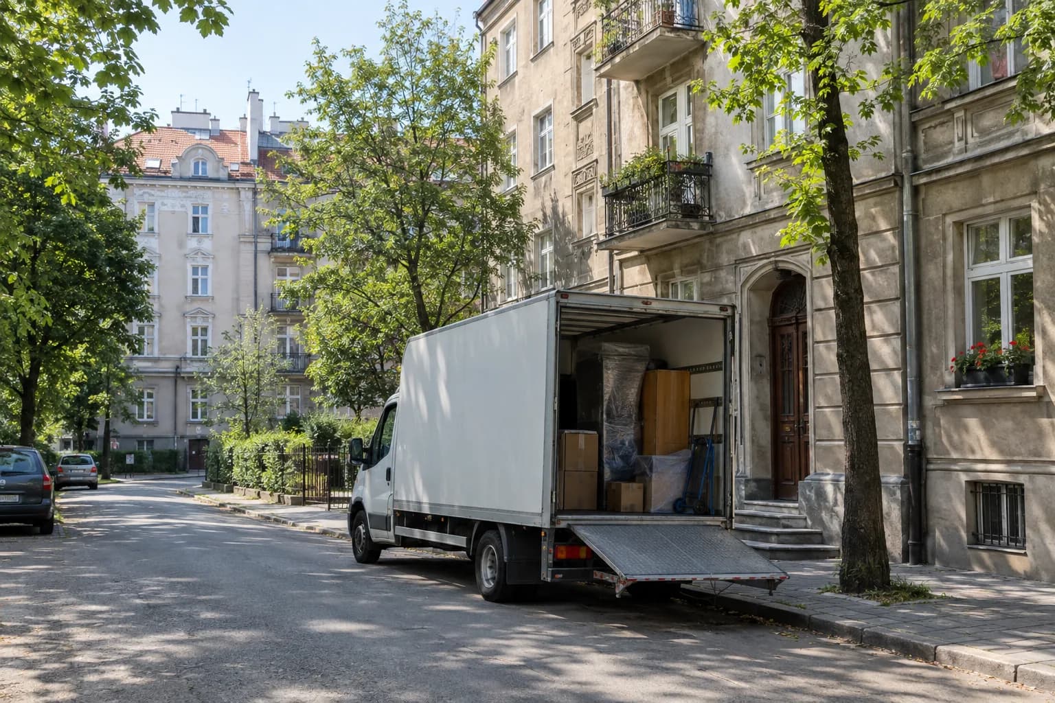 Przeprowadzka w Warszawie, bagażówka przed klatką schodową